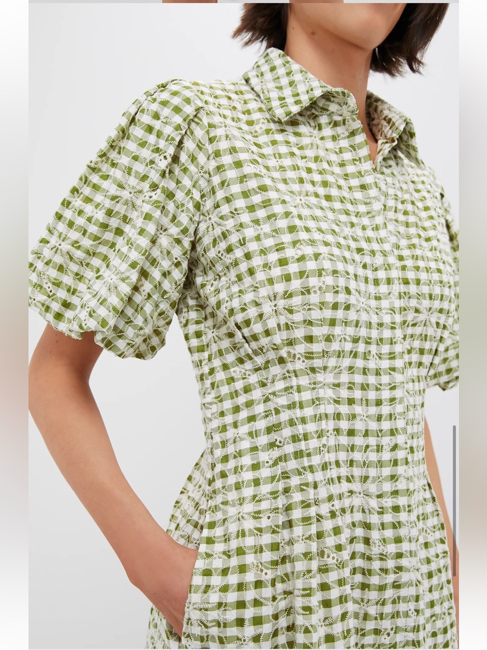 Tuckernuck Embroidered Floral Green Gingham Mini Delaney Dress Size Medium - Picture 6 of 8